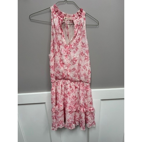 The Impeccable Pig Dresses & Skirts - The Impeccable Pig Pink Floral Ruffle Neck Smocked Waist Tiered Dress Medium
